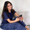 Women summer pajama set Dark blue Tee + Magnolia Floral Pants